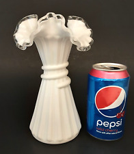 Vintage FENTON Art Glass SILVER CREST Milk White Ruffled Ribbed WHEAT Vase 7.75