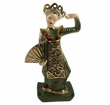 Hedi Schoop Vintage Oriental Thai Fan Dancer Green Gold Vase California Pottery  picture