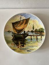 NSP Italian Pottery Hand Painted Hanging Plate Fishing SailBoat 12” Signed picture