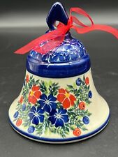 Hand Painted Kalich Polish Boleslawiec Pottery Bell with Red and Blue Flowers picture