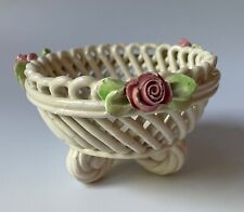 Vintage Ceramic Pedestal Rose Bowl with Woven Lattice, Marked Italy, 4