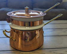 Old Dutch Vintage Copper Brass & Porcelain Double Boiler Pot 3 PC - Nice Piece picture