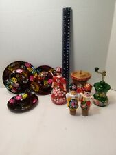 Vintage Ukrainian Hand Painted Lacquer Lot of 8 Peppermill Candlestick Box etc. picture