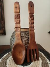 Wooden Hand Carved Spoon Fork Wall Hanging Tiki Decorative Vintage 12