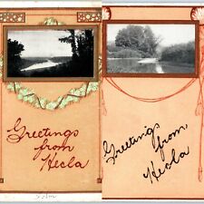 x2 LOT Neola, IA Greetings River Lake Scene Postcards Handmade Felt Writing A69 picture