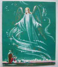 Angel visits shepherds w flock vintage Christmas greeting card *FF13 picture