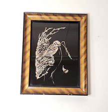 Vintage Korean Black with Opalescent Foil Framed Bird Wall or Tabletop Art   picture