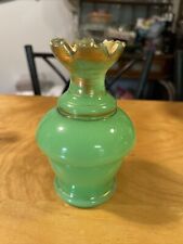 Antique French Opaline Green Glass Vase /Bottle 5 1/2”  Signed With Gold Trim picture