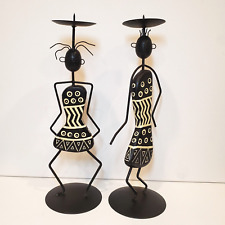 African Woman VTG Folk Art Wrought Iron & Wood Pillar Candle Holder, Set of 2 picture