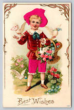 Antique Embossed Silk Fantasy Undivided Unused PC Young Blonde Boy Doves Roses picture