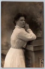 Self Portrait of Woman Posing by A Column RPPC Real Photo Postcard picture