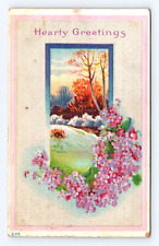 Old Postcard Hearty Greetings Purple Flowers Hillsboro TX 1911 Cancel Antique picture