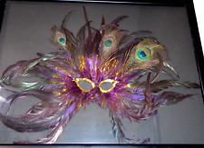 Vintage Mardi Gras Parade Masquerade Mask Framed in Glass Frame Peacock Feathers picture