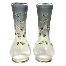 Antique 1890s Pair of Bohemian Art Glass Enameled Tulips Flowers Smokey Grey picture