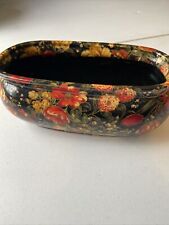 Vintage Ceramic Decoupage Bowl Black Floral Oblong Container Storage Decor picture