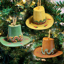Southwestern Cowboy Chili Pepper Hat Christmas Ornaments x 3 Yellow Green Brown picture