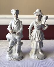 Vintage Pair Of Porcelain Gentleman & Lady Figurines With Lambs And Sheers picture