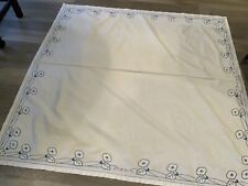 Vintage Rectangle Tablecloth, Cotton, Flower Embroidery, Blue & White picture