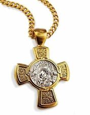 Religious Gifts Silver Gold Tone Russian Icon Pendant Victory Cross 1 3/8 Inch picture