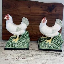 Bordallo Pinheiro Majolica Porcelain ROOSTER HEN Bookends Made in Portugal RARE picture