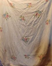 Vintage White Bed Blanket With Bouquet Of Pastel Flowers And Silk Trim From 70s picture