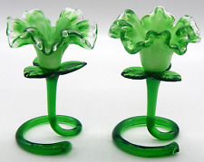 2 Murano Art Glass Green Flower Venetian Ruffled Candle Stick Holders picture