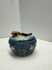 Antique Majolica Tobacco Humidor Jar Ceramic Pipe Leaf Flowers Oval Blue picture