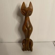 Vintage Mid Century Modern Hand Carved Teak Wood Siamese Cat Sculpture 10” picture
