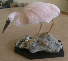 AntiqueRose Quartz Crane Sculpture on Rock Crystal and Black Marble Mineral Base picture