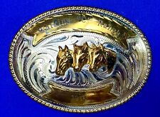 Three Horse heads silver tone? western belt buckle from Mexico- engraved ribbon picture