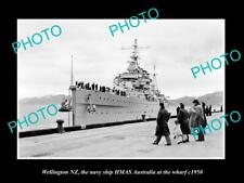 OLD POSTCARD SIZE PHOTO OF WELLINGTON NEW ZEALAND HMAS AUSTRALIA AT WHARF 1950 picture
