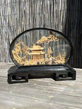Vintage Chinese DIORAMA Cork Carving Oval Wooden Glass Case  Trees Cranes picture