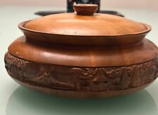 Vtg Asian Chinese Japanese Hand Carved Wood Bowl with Lid Water Buffalo Hut Tree picture