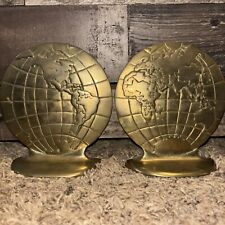VTG Mid Century Modern Brass WORLD GLOBE Bookends EARTH Figure Set 2 MCM Taiwan picture