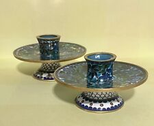 Pair Of Vintage Brass & Enamel ￼Old China Blue Cloisonne Candle Stick Holders picture