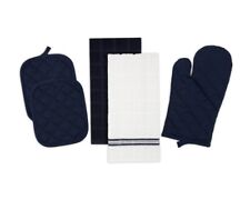 5 Pc Kitchen Set Hand Towels Pot Holders Mitt Navy Blue and White  Theme PH0007 picture
