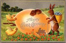 Easter Postcard Bunny Rabbit Carrying Eggs Chicks Giant Yellow Colored Egg picture