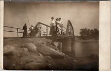 Women on Iron Bridge Fishing RPPC Children Men c1907 Postcard V12 picture