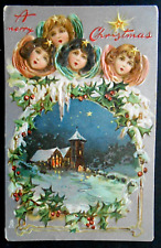 ANTIQUE 1908 TUCK'S CHRISTMAS POSTCARD 4 LITTLE GIRLS, NIGHTTIME CHURCH IN SNOW picture