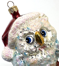 Cute VTG Radko Glass White Owl Christmas Ornament with Red Santa Hat on Branch picture