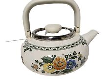Vintage West Germany ASTA Fissler Enamelware Lg Floral Cream Tea Kettle Teapot   picture