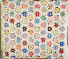 Colorful Vintage 30's Grandmother's Flower Garden Mosaic Antique Quilt Top picture