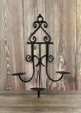Vintage Black Wrought Iron Wall Sconce Triple Candle Holder  16.5” picture