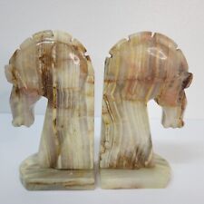Vintage Art Deco Onyx Stone Trojan Horse Head Hand Carved Bookends Chess Knight picture