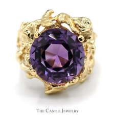 Large Round Amethyst Ring with Vine & Fish Design in 14k Yellow Gold picture