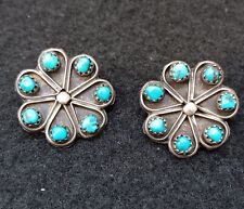 NICE SILVER 14 PETIT POINT BLUE TURQUOISE ROUND DESIGN CLIP ON EARRINGS picture