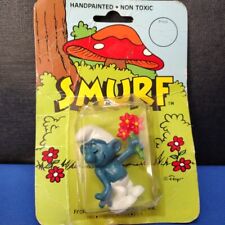 Vintage 1978 Peyo Schleich Bashful / Shy Smurf Holding Red Flowers PVC Toy  picture