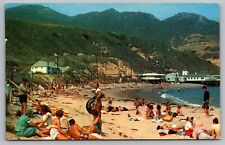 Postcard Malibu California Beach Holiday Crowd Man with Tire Tube Spear Fishing picture
