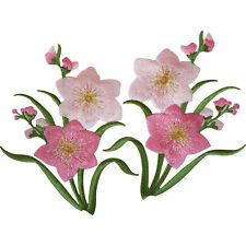 Pair of Pink Flower Patches Iron Sew On Flowers Embroidered Patch Badge Applique picture