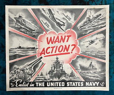 WWII WW2 Original War Poster Want Action Enlist United States Navy Recruit Ship picture
